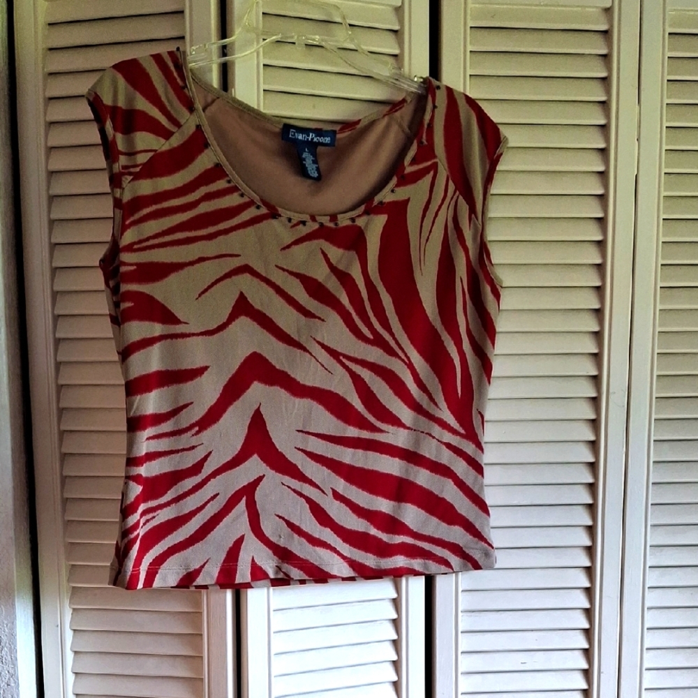 Evan Picone Red and Beige Zebra Print Blouse, L